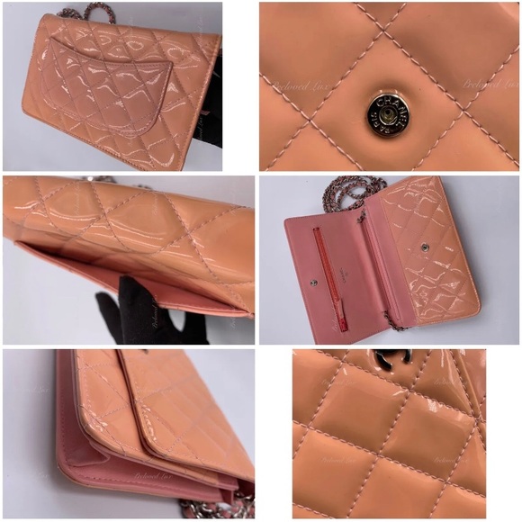 Authentic CHANEL Patent Leather Wallet-on-the-chain WOC Flap Bag Peach / pink - Picture 9 of 12